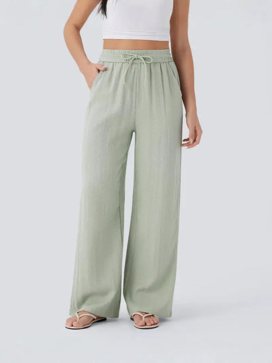 Women’s High-Waisted Wide Leg Pants – Drawstring Linen-Feel Trousers with Pockets | Casual Relaxed Fit TED