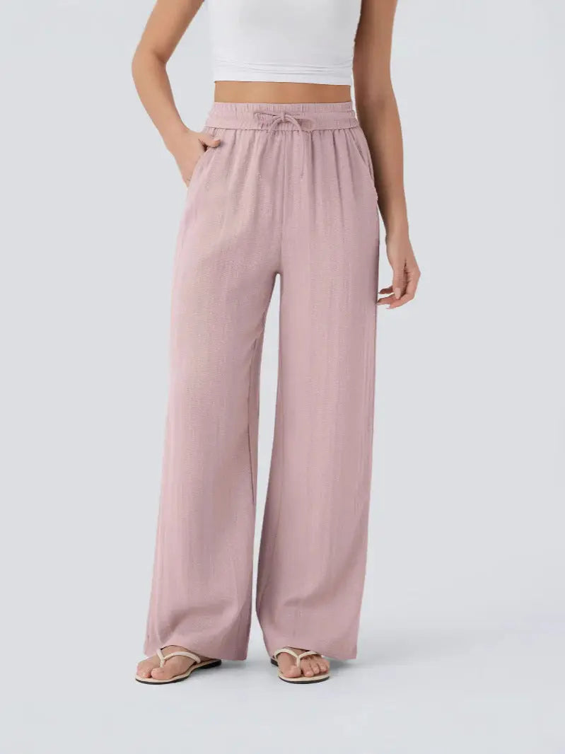 Women’s High-Waisted Wide Leg Pants – Drawstring Linen-Feel Trousers with Pockets | Casual Relaxed Fit TED