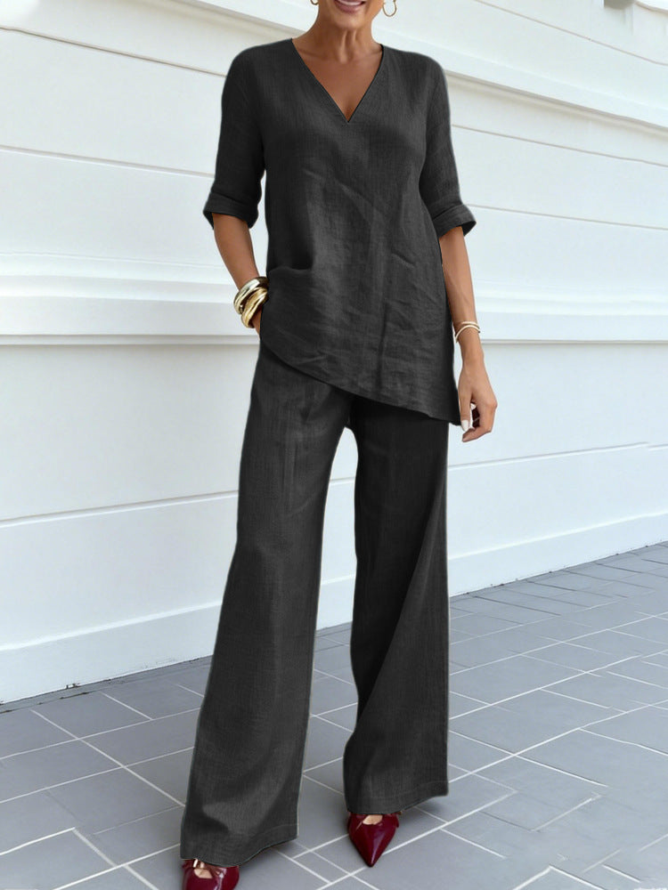 Womens Cotton Linen Lounge Set V-Neck 3/4 Sleeve Top & Casual Wide Leg Pants | Relaxed Two-Piece Outfit TED