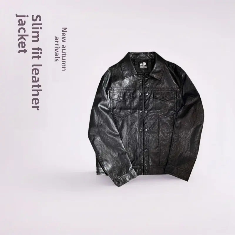 Mens PU Leather Jacket Slim Fit Zipper Coat for Spring & Fall TED