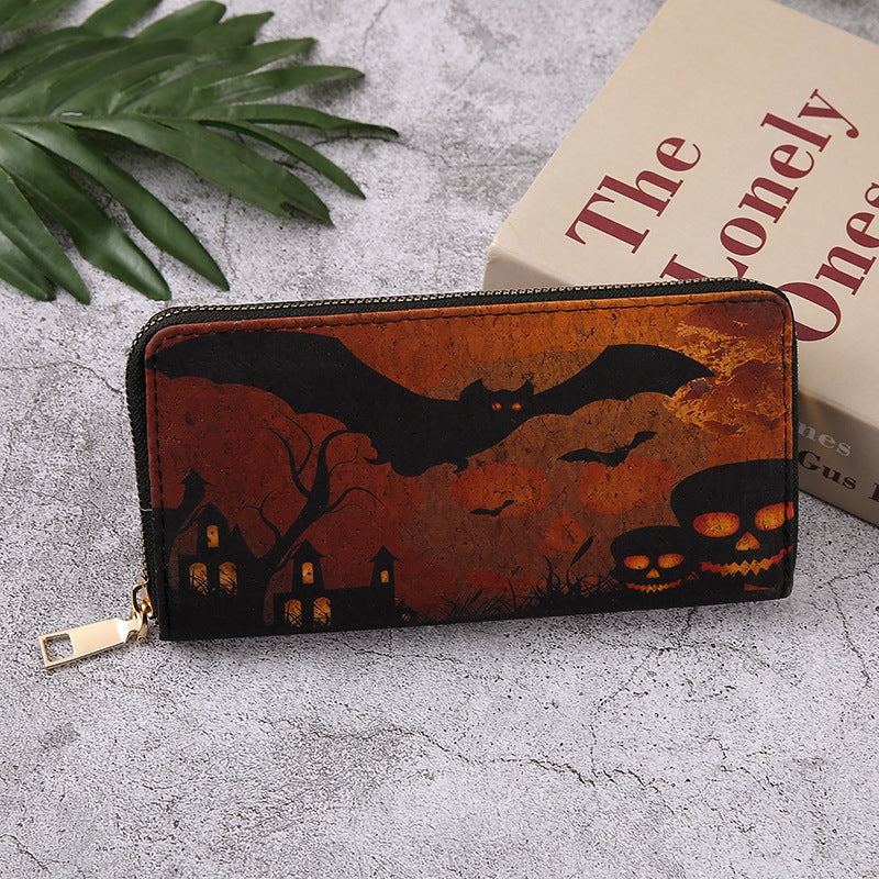Halloween Pumpkin Wallet - Gothic Bat Print Fold Wallet with Chain Strap | Cute Spooky PU Coin Purse TED