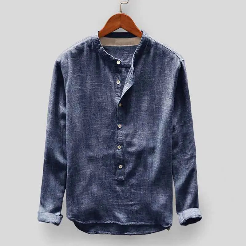 Mens Stand Collar Long Sleeve Shirt  Lightweight Cotton Blend Casual Loose Fit Top