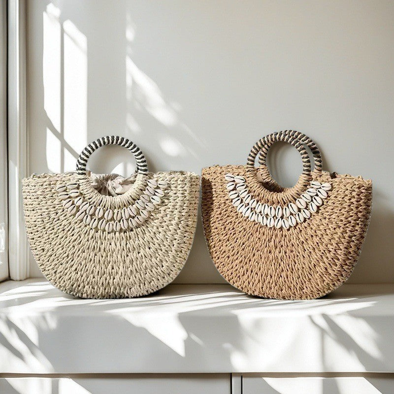 Bohemian Straw Shell Bag - Woven Semi-Circle Beach Handbag | Summer Vacation Boho Purse TED