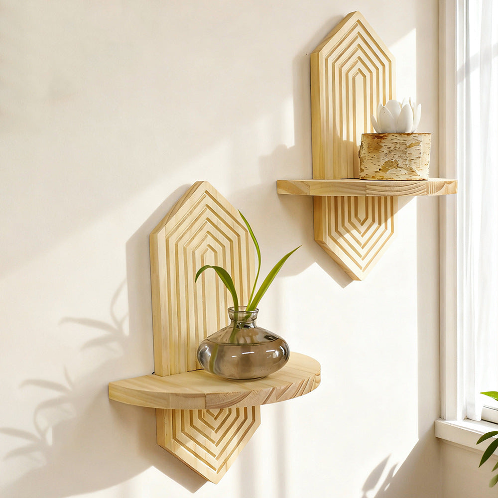 Bohemian Wooden Wall Plant Shelf - Diamond-Shaped Hanging Flower Pot Rack | Rustic Boho Home Decor TED