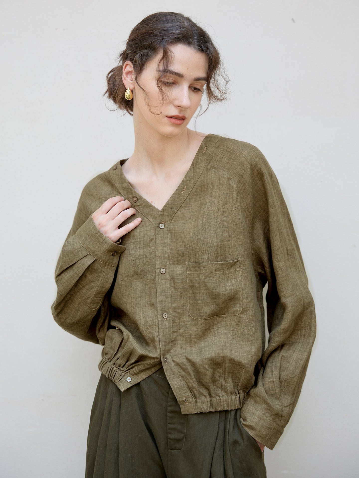 Women's Linen V-Neck Raglan Sleeve Shirt | Artistic Vintage Linen Blouse Women - EverCharm Gifts