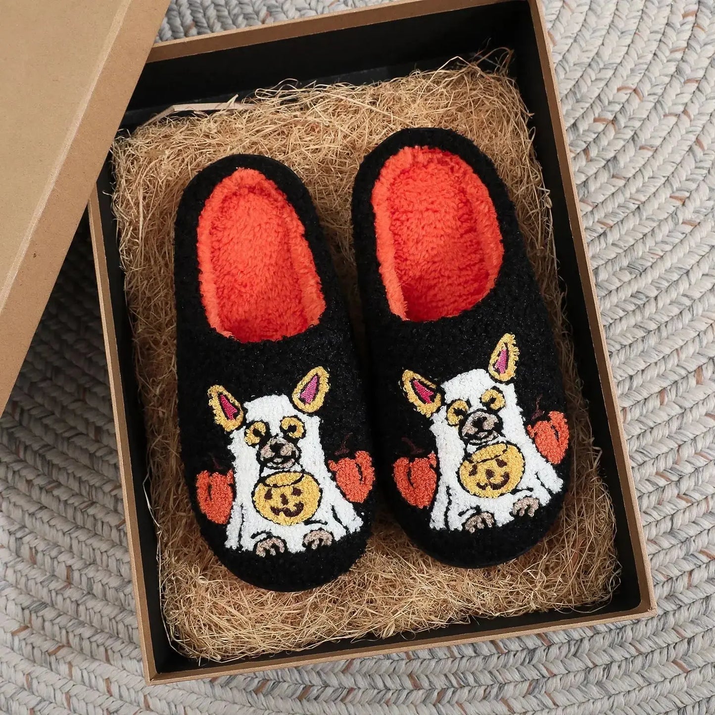 Halloween Plush Slippers Skull Pumpkin Ghost Cozy Anti-Slip Indoor Shoes TED