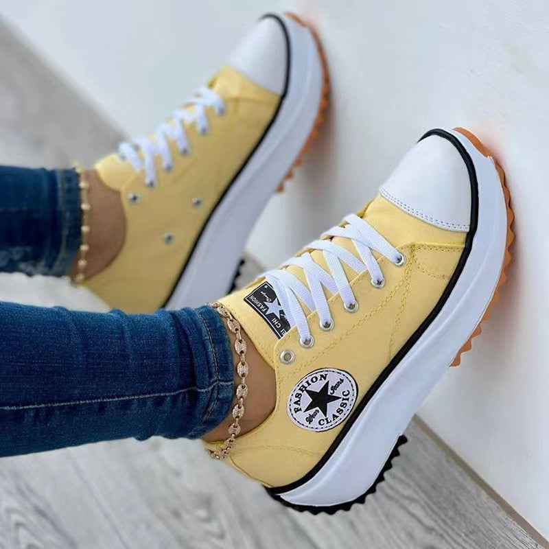 Womens T-Strap Canvas Platform Shoes - Casual Round Toe Lace-Up Sneakers | Comfortable Flat Heel Fashion Shoes TED