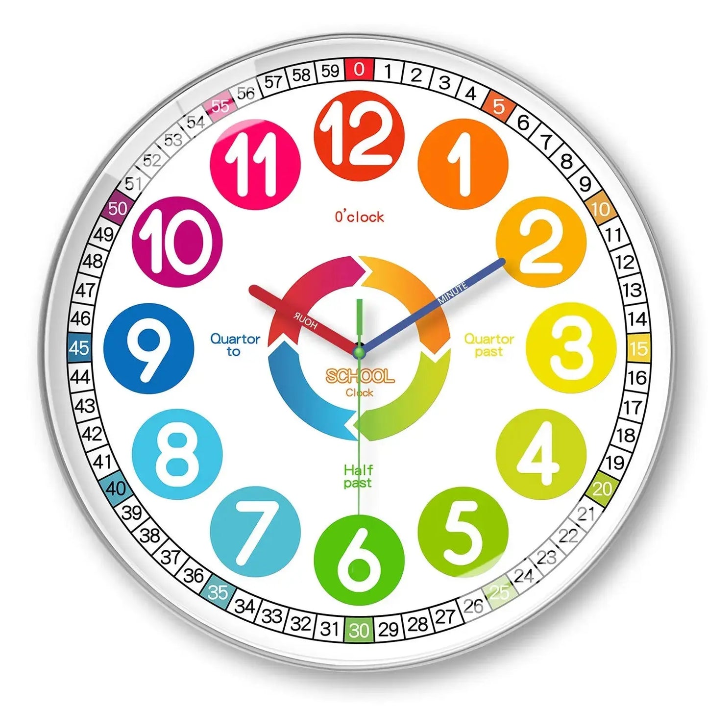 Rainbow Silent Wall Clock ? Modern Quartz Educational Clock for Kids & Home | Colorful No-Tick Decorative Clock TED