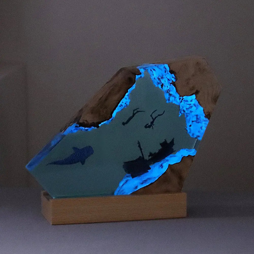 Ocean Whale Resin Lamp with Sunken Ship LED Night Light with Wooden Base Decor TED