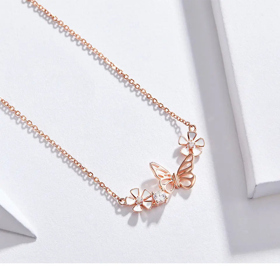 925 Silver Butterfly Flower Necklace - Elegant Floral Pendant Jewelry | Adjustable Water Wave Chain for Women