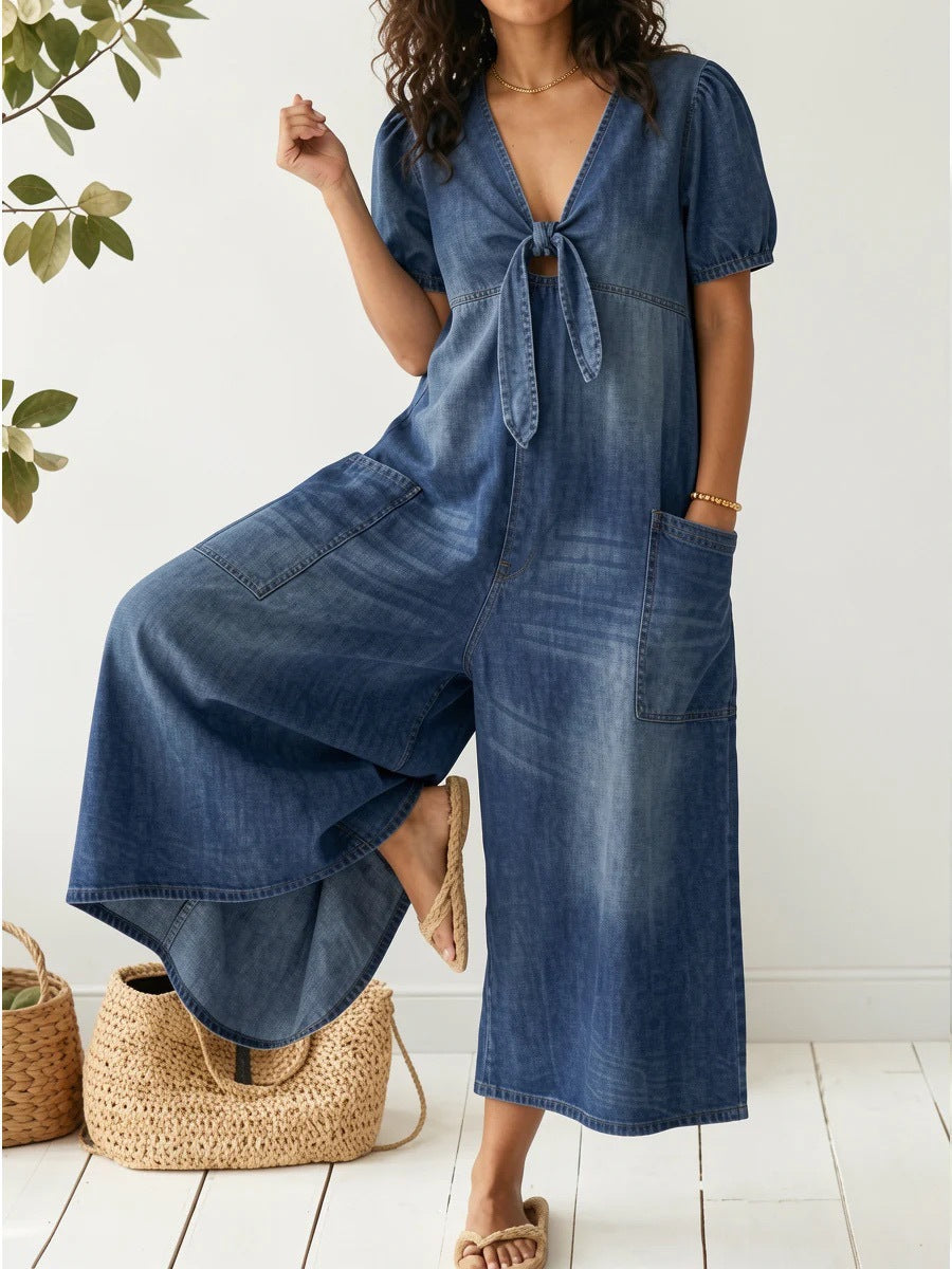 Womens Denim V-Neck Jumpsuit - Casual Loose Fit Straight Leg Romper | Free Shipping