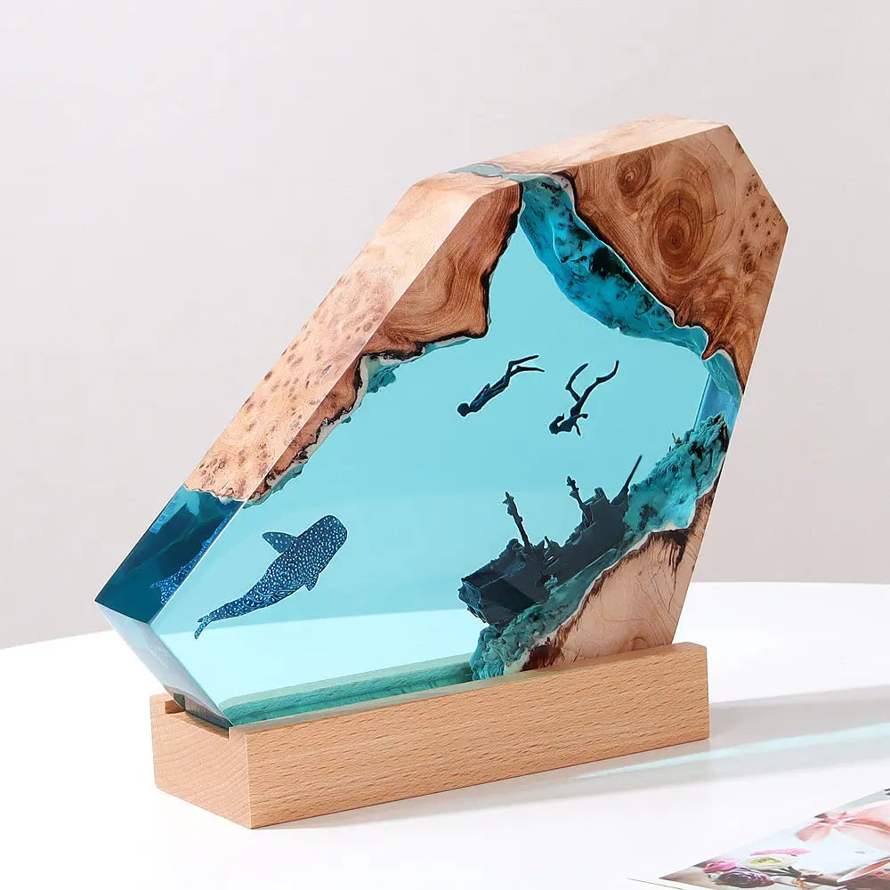 Ocean Whale Resin Lamp with Sunken Ship LED Night Light with Wooden Base Decor TED