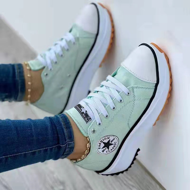 Womens T-Strap Canvas Platform Shoes - Casual Round Toe Lace-Up Sneakers | Comfortable Flat Heel Fashion Shoes TED