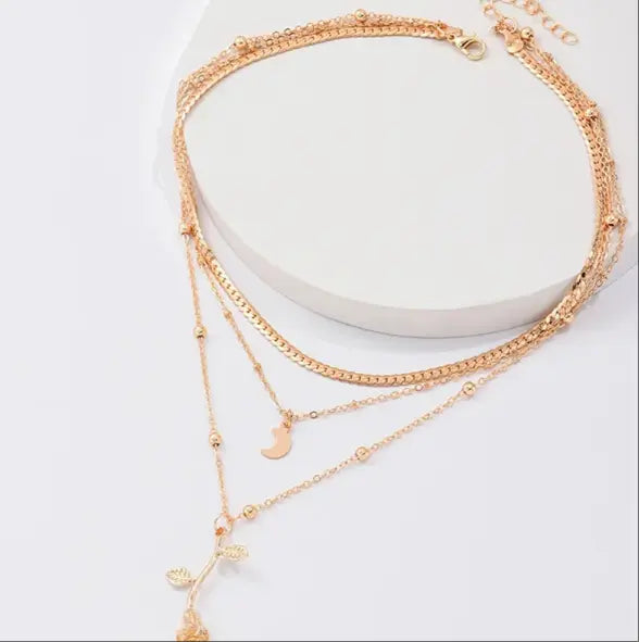 Bohemian Moon & Rose Gold Necklace Multi-Layer Flower Pendant Chain TED