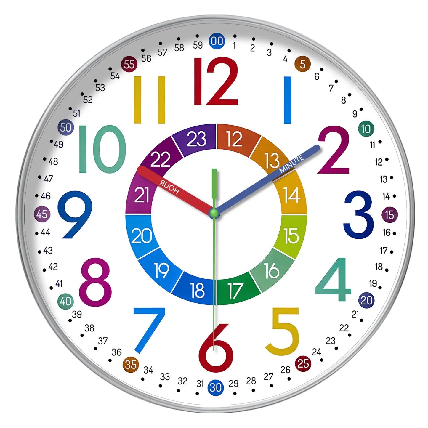 Rainbow Silent Wall Clock ? Modern Quartz Educational Clock for Kids & Home | Colorful No-Tick Decorative Clock TED