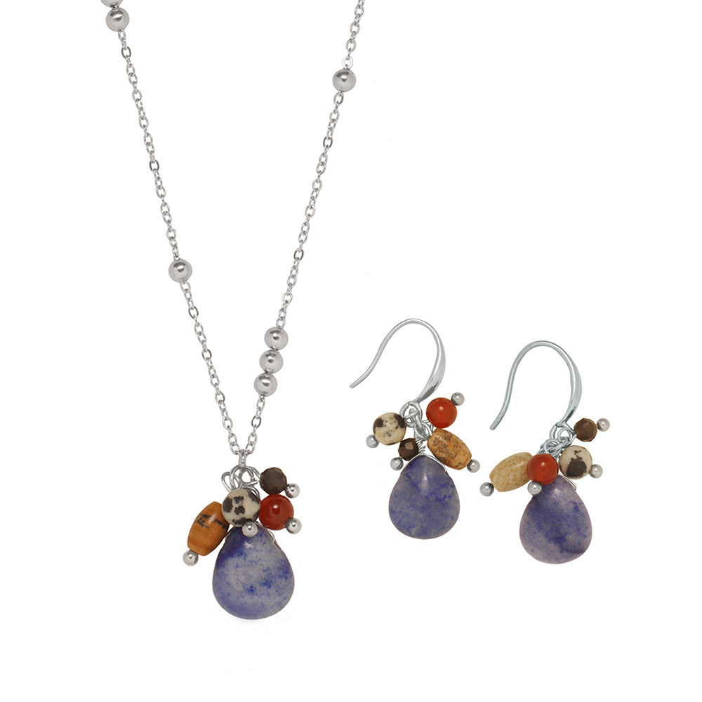 Natural Stone Necklace & Earring Set | Blue Aventurine Retro Titanium Steel Earrings Set - EverCharm Gifts