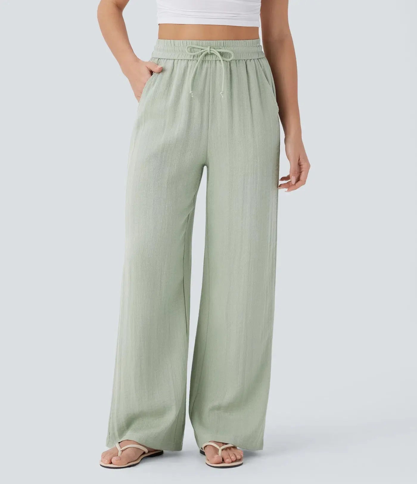 Women’s High-Waisted Wide Leg Pants – Drawstring Linen-Feel Trousers with Pockets | Casual Relaxed Fit TED