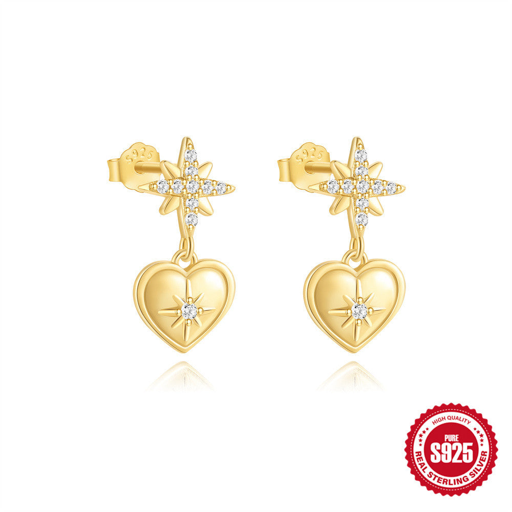 S925 Sterling Silver Star & Heart Pearl Earrings - Elegant Zirconia Drop Earrings | Valentines Day Jewelry Gift TED