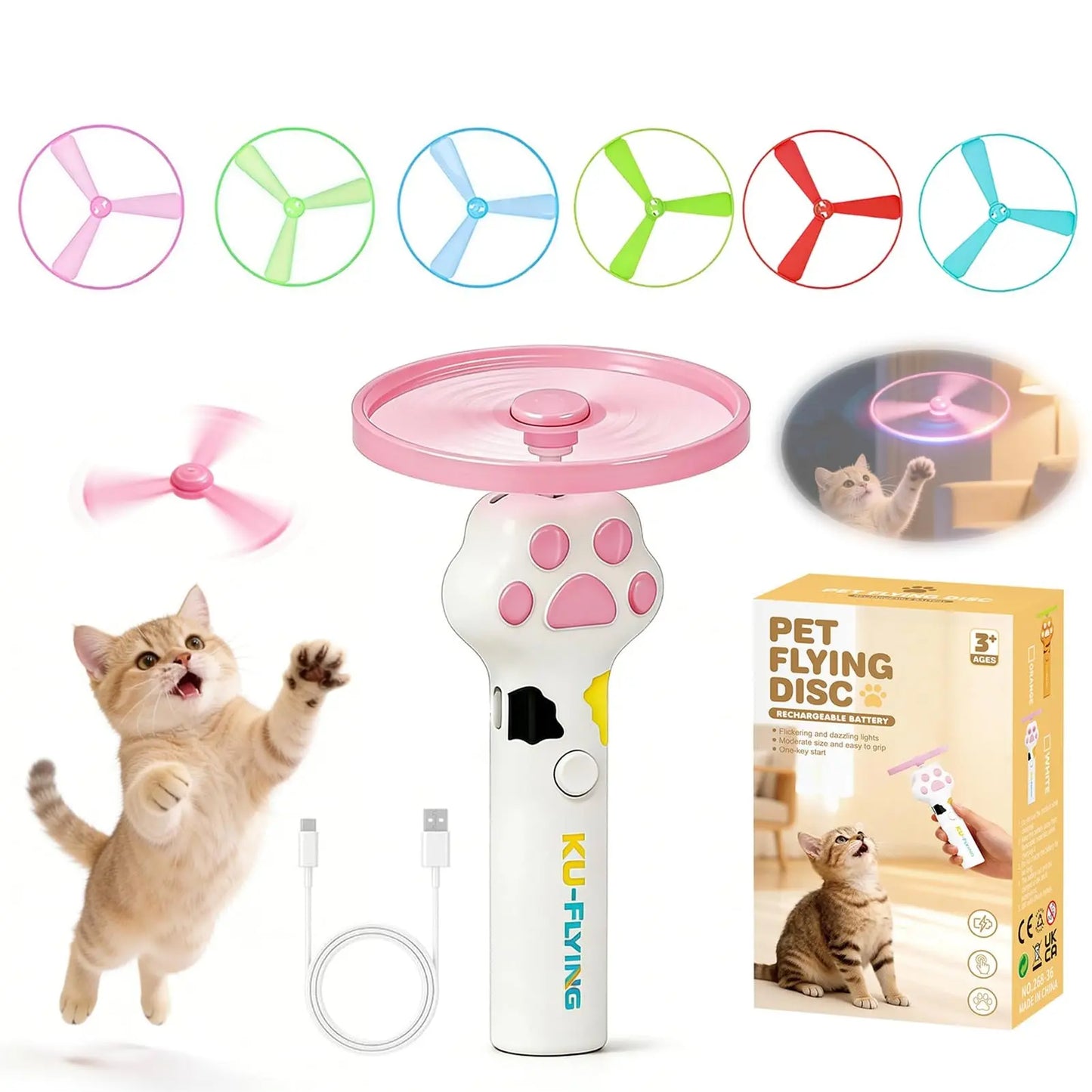 Rechargeable Cat Disc Launcher Toy – Interactive Flying Disc Fetch Toy for Cats & Dogs | Indoor & Outdoor Pet Hunting Game CJ