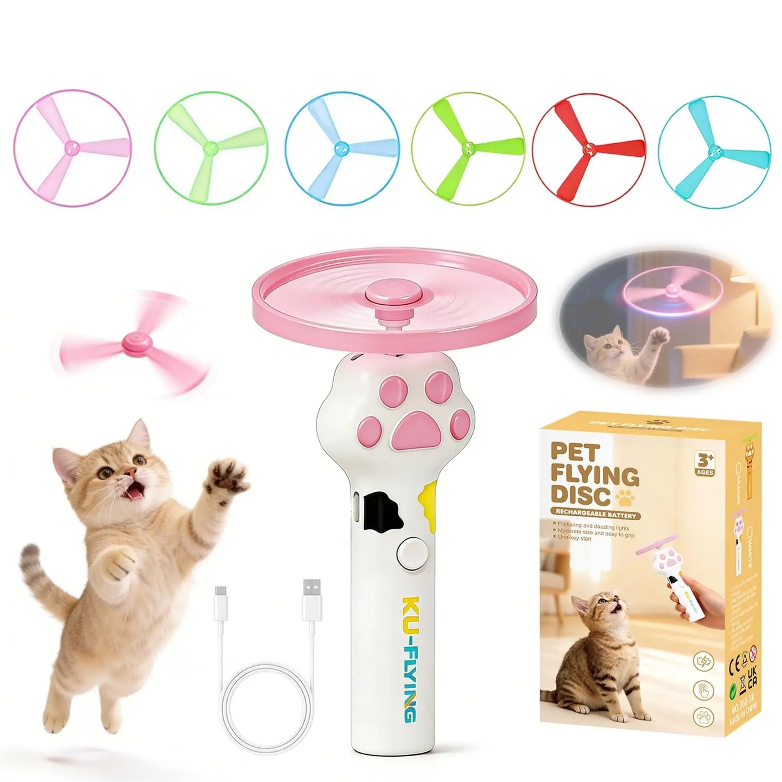 Rechargeable Cat Disc Launcher Toy – Interactive Flying Disc Fetch Toy for Cats & Dogs | Indoor & Outdoor Pet Hunting Game CJ