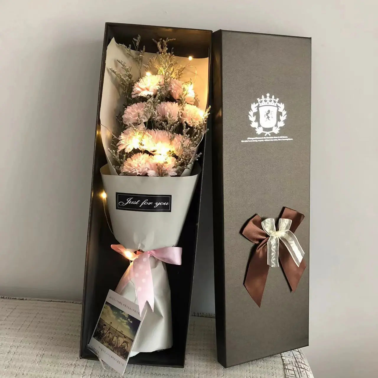 LED Soap Flower Bouquet Gift Set Romantic Rose Arrangement with Bear & Gift Box TED