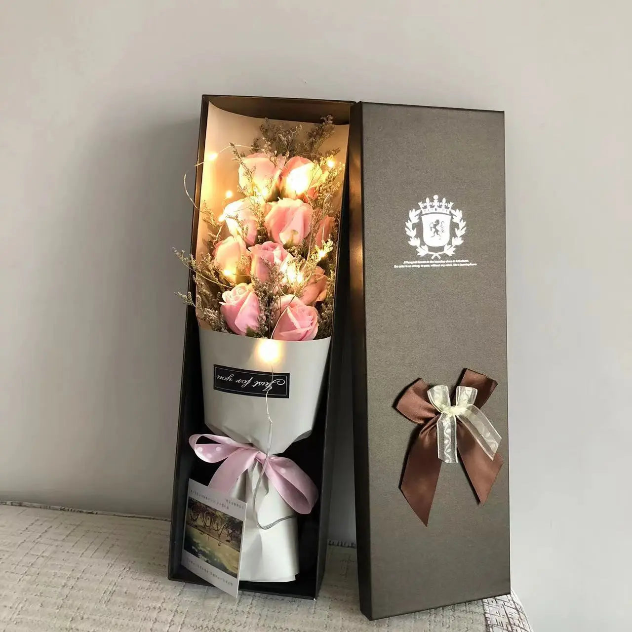 LED Soap Flower Bouquet Gift Set Romantic Rose Arrangement with Bear & Gift Box TED