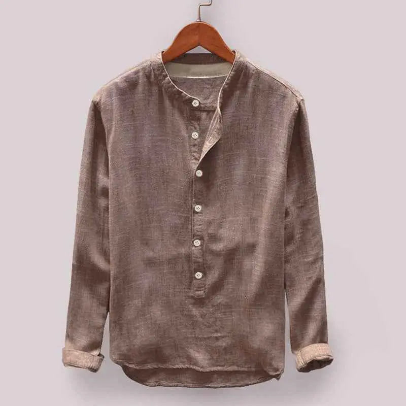Mens Stand Collar Long Sleeve Shirt  Lightweight Cotton Blend Casual Loose Fit Top