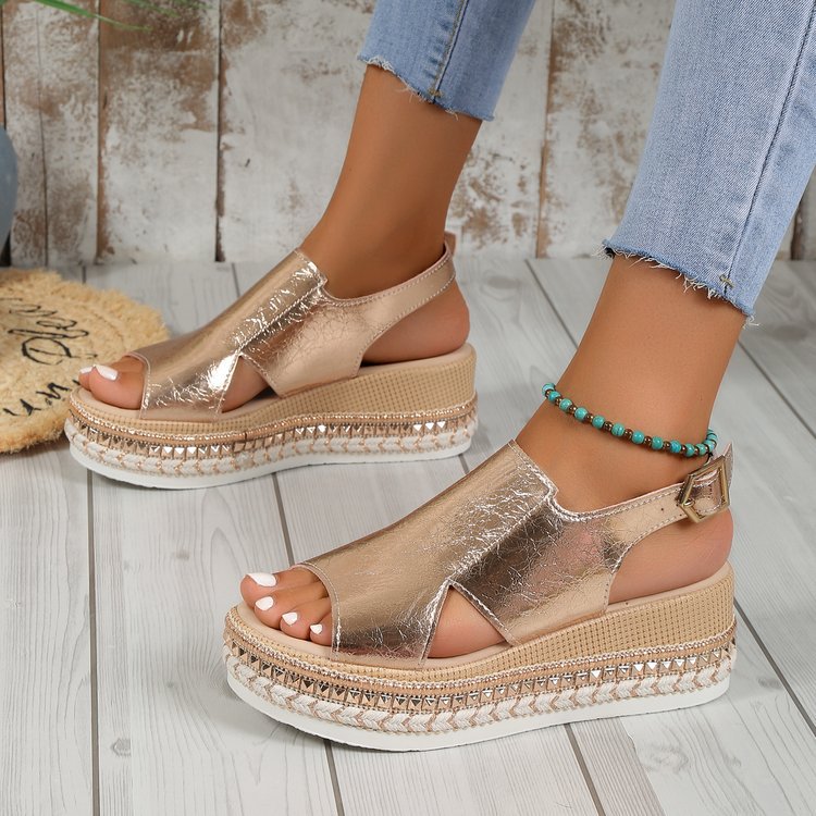 Womens Metallic Wedge Sandals - Fish Mouth Platform Heels with Buckle Strap | Gold & Silver Fashion Sandals TED