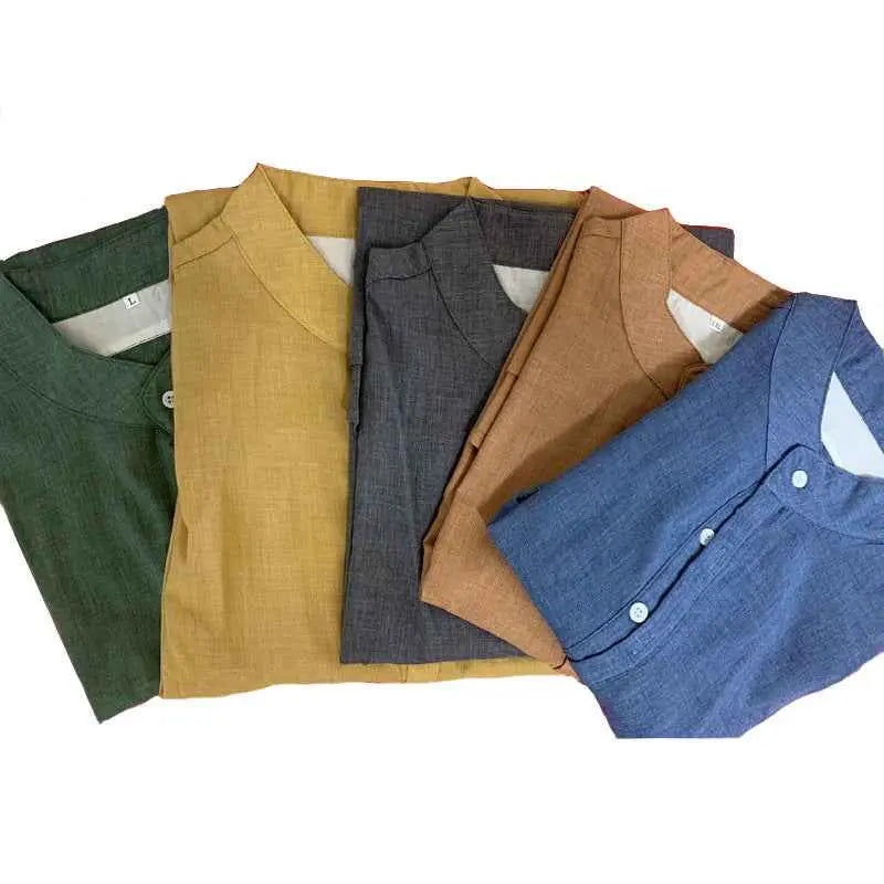 Mens Stand Collar Long Sleeve Shirt  Lightweight Cotton Blend Casual Loose Fit Top