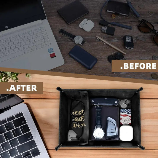 PU Leather Valet Tray & Keychain Set – Vintage Catchall Organizer for Desk, Nightstand & Entryway | Father’s Day Gift CJ