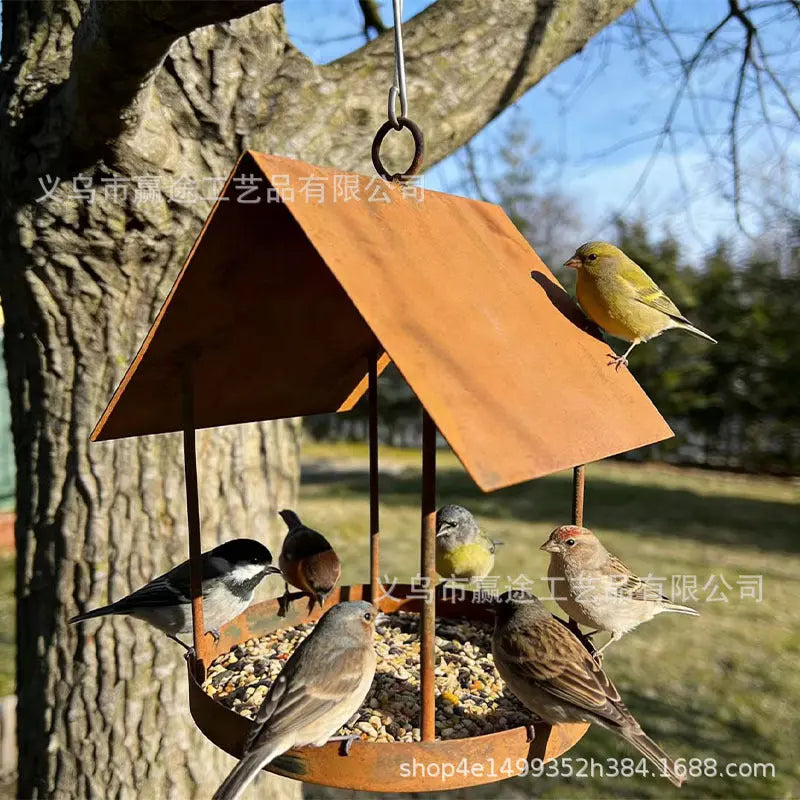 Vintage Iron Bird Feeder - Decorative Outdoor Garden Birdhouse | Rustic Metal Hanging Yard Ornament