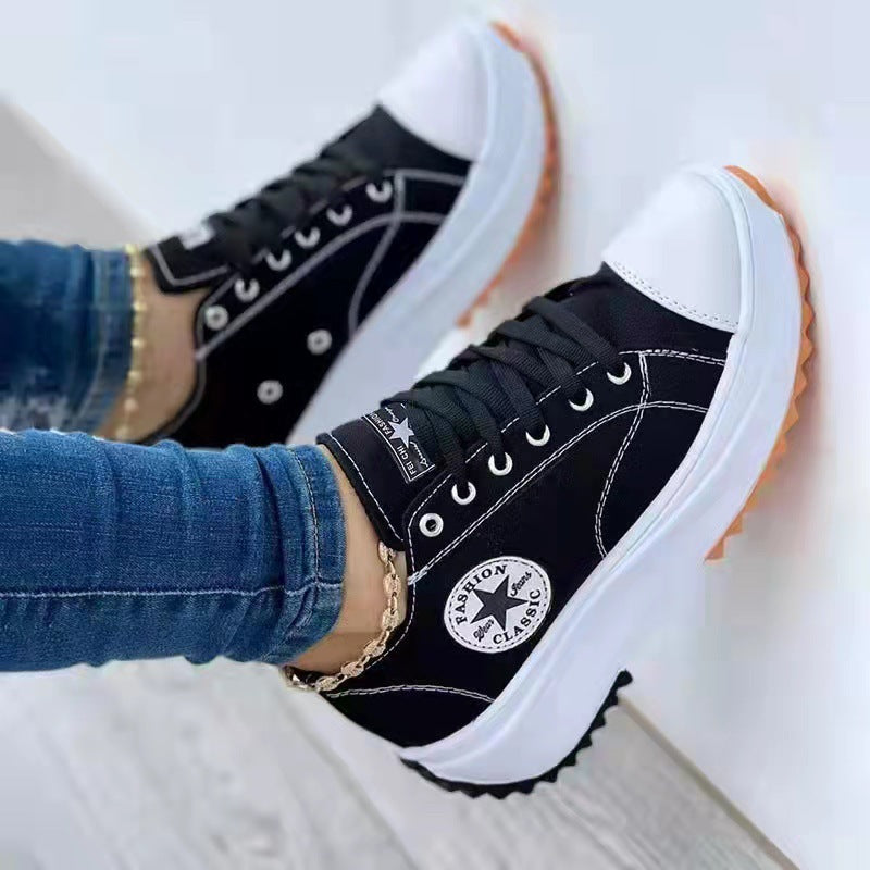 Womens T-Strap Canvas Platform Shoes - Casual Round Toe Lace-Up Sneakers | Comfortable Flat Heel Fashion Shoes TED