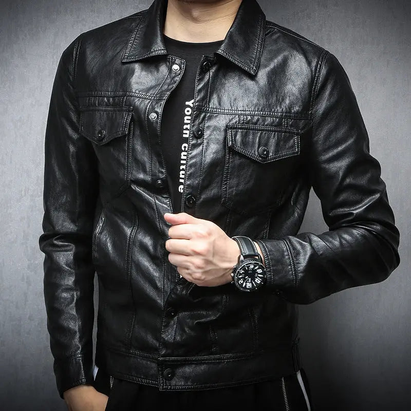 Mens PU Leather Jacket Slim Fit Zipper Coat for Spring & Fall TED