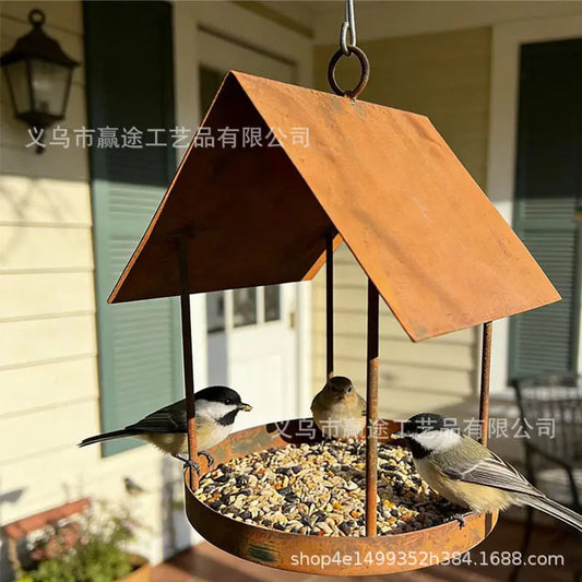 Vintage Iron Bird Feeder - Decorative Outdoor Garden Birdhouse | Rustic Metal Hanging Yard Ornament