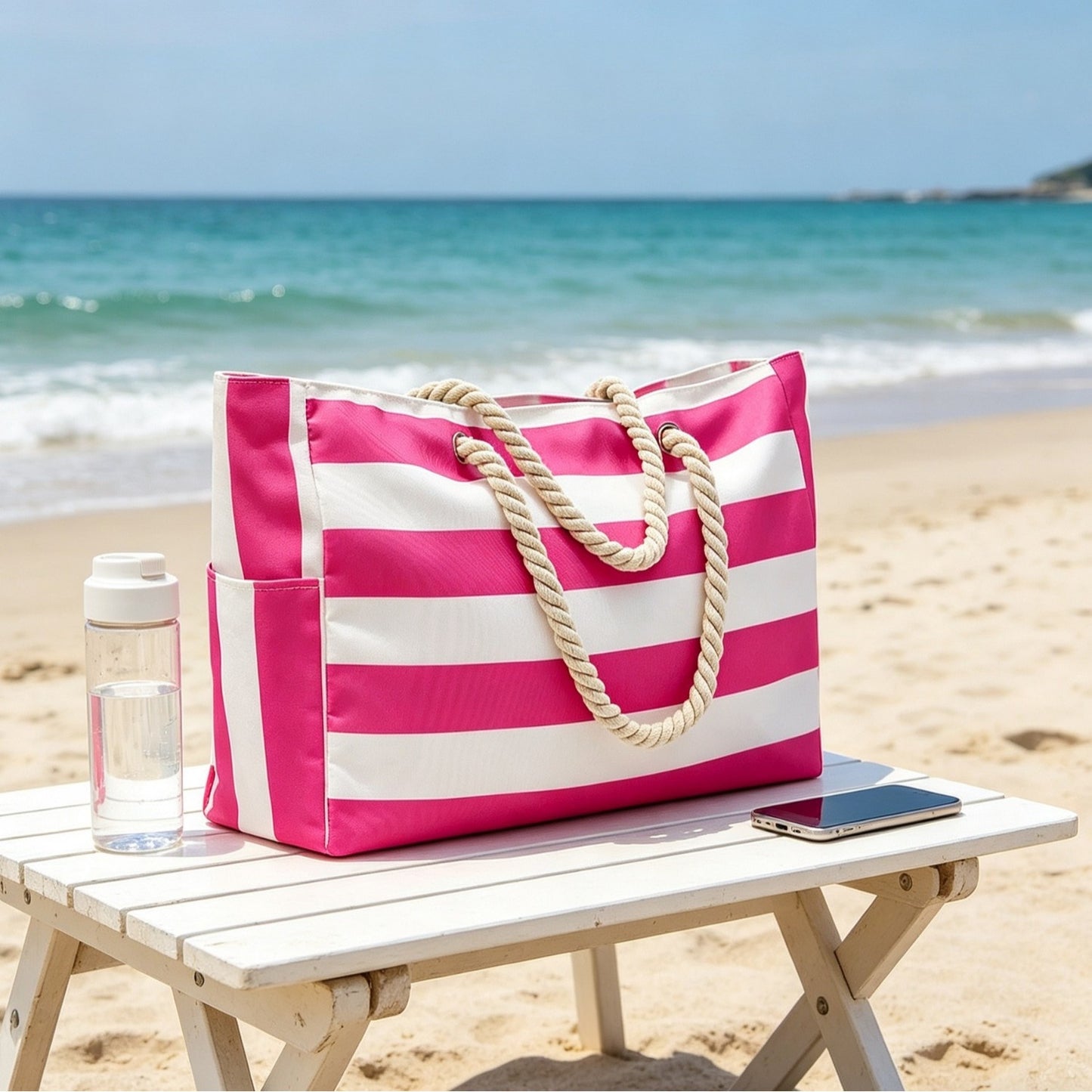Rainbow Stripe Beach Bag - Large Capacity Beach Bag | Free Shipping