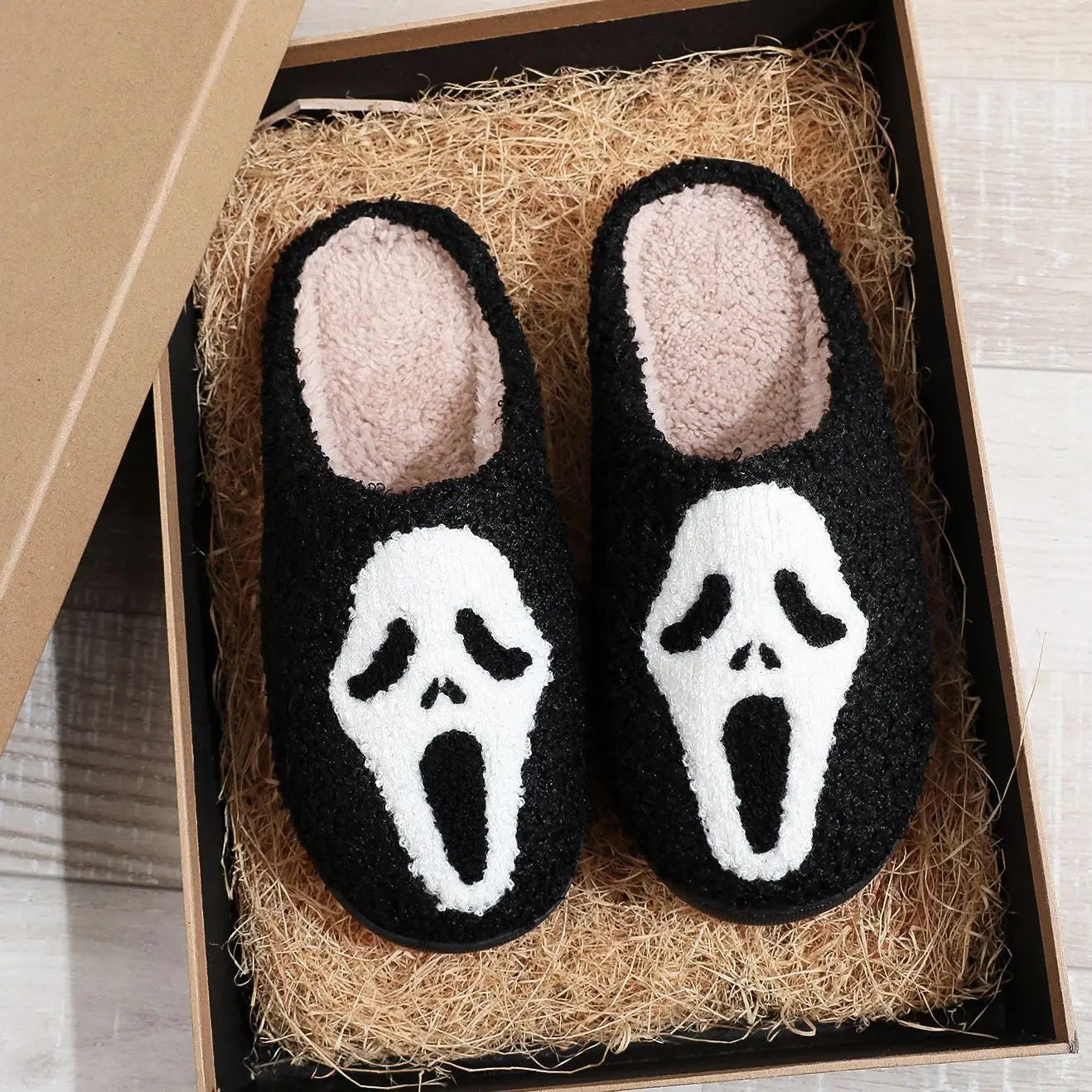 Halloween Plush Slippers Skull Pumpkin Ghost Cozy Anti-Slip Indoor Shoes TED