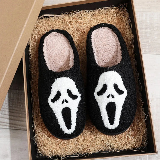 Halloween Plush Slippers Skull Pumpkin Ghost Cozy Anti-Slip Indoor Shoes TED