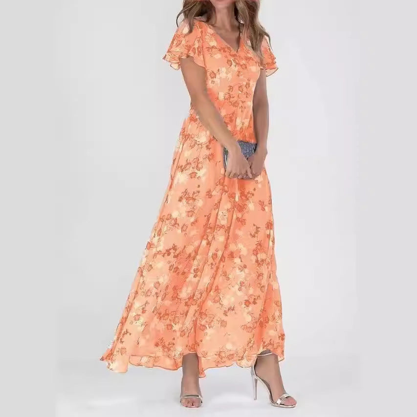 Womens Floral Chiffon Maxi Dress - Ruffle V-Neck Off-Shoulder Swing Dress | Elegant Boho Summer Dress TED