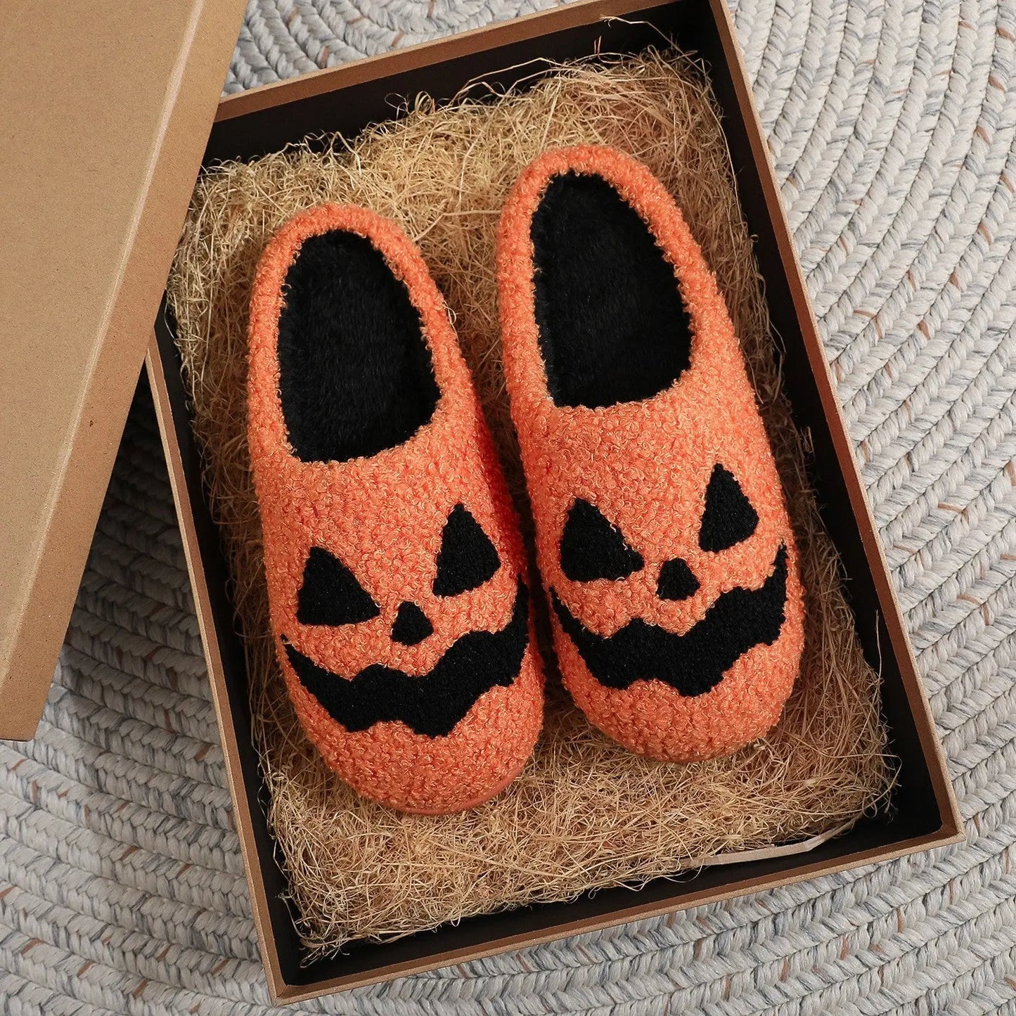 Halloween Plush Slippers Skull Pumpkin Ghost Cozy Anti-Slip Indoor Shoes TED