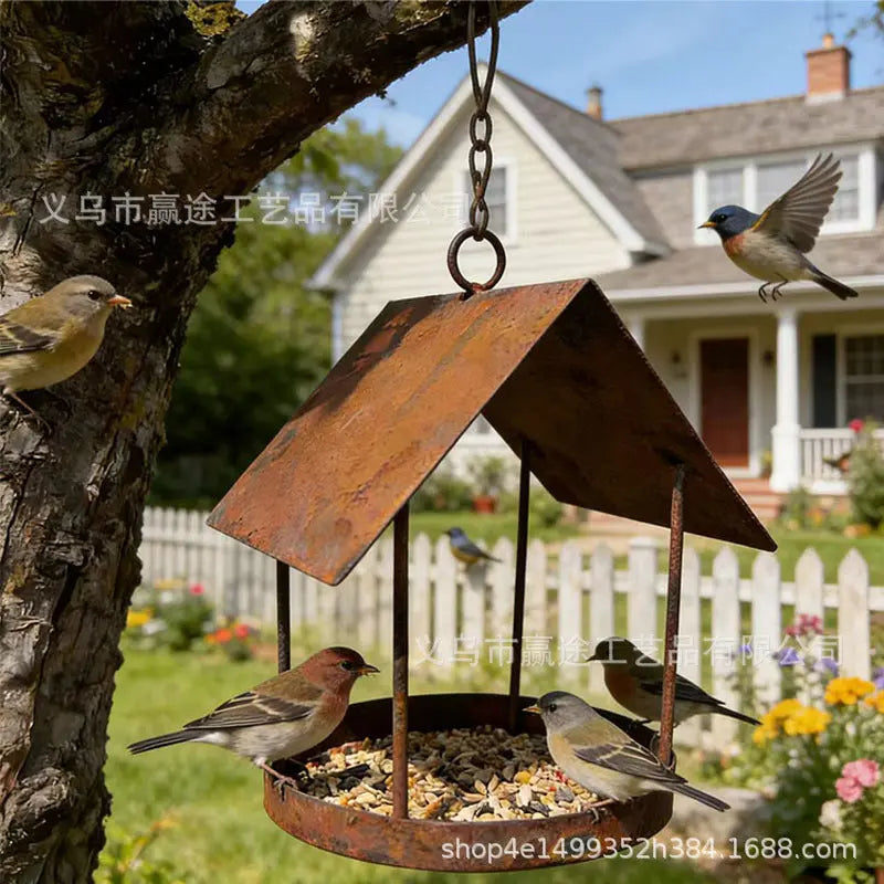 Vintage Iron Bird Feeder - Decorative Outdoor Garden Birdhouse | Rustic Metal Hanging Yard Ornament