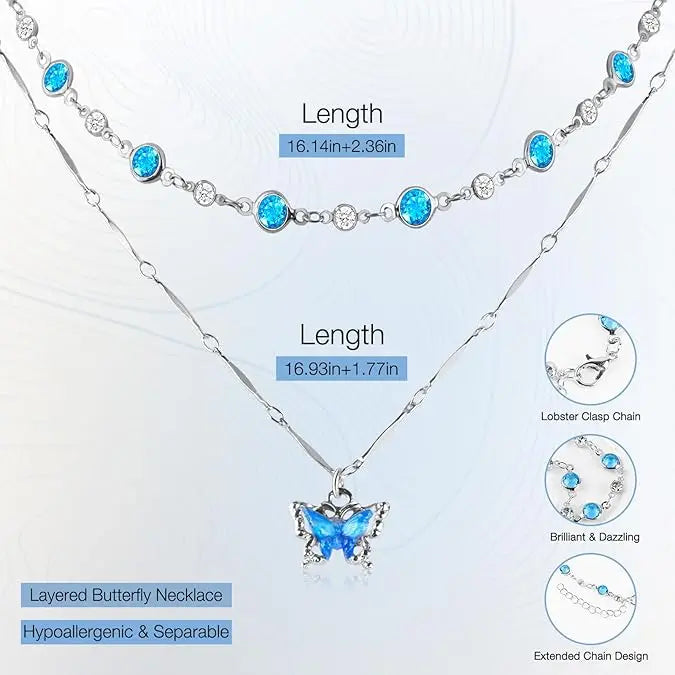 Blue Butterfly Double Layer Necklace Detachable Beaded & Pendant Chain TED