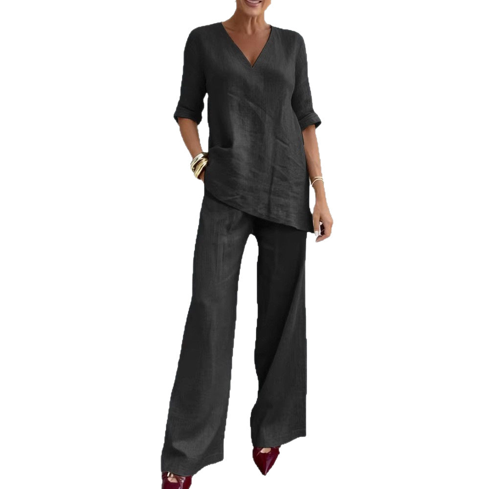 Womens Cotton Linen Lounge Set V-Neck 3/4 Sleeve Top & Casual Wide Leg Pants | Relaxed Two-Piece Outfit TED