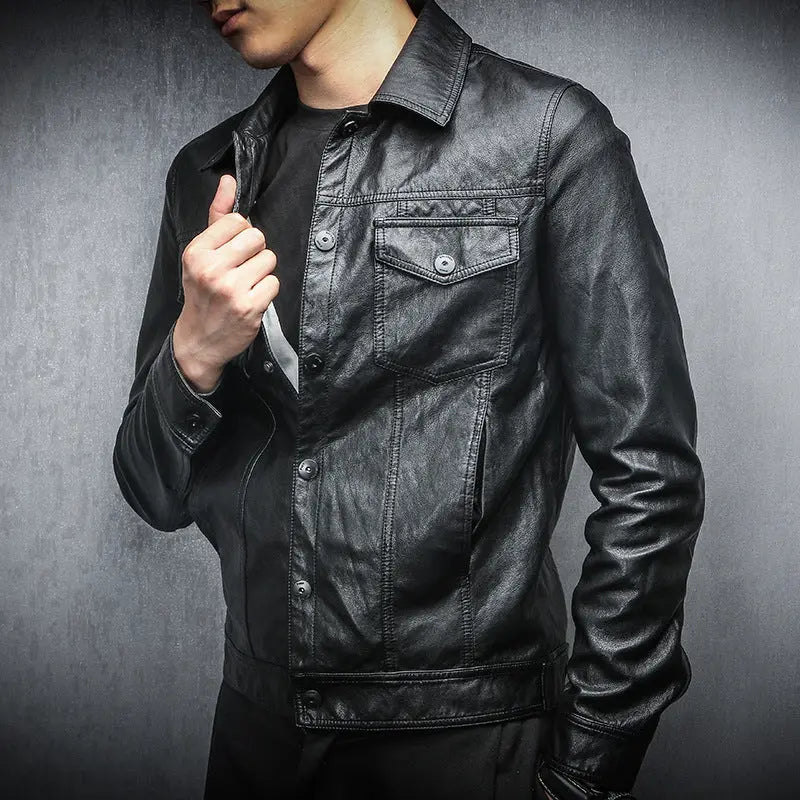 Mens PU Leather Jacket Slim Fit Zipper Coat for Spring & Fall TED