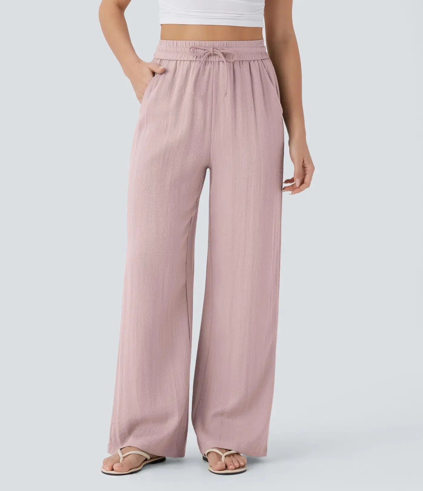 Women’s High-Waisted Wide Leg Pants – Drawstring Linen-Feel Trousers with Pockets | Casual Relaxed Fit TED