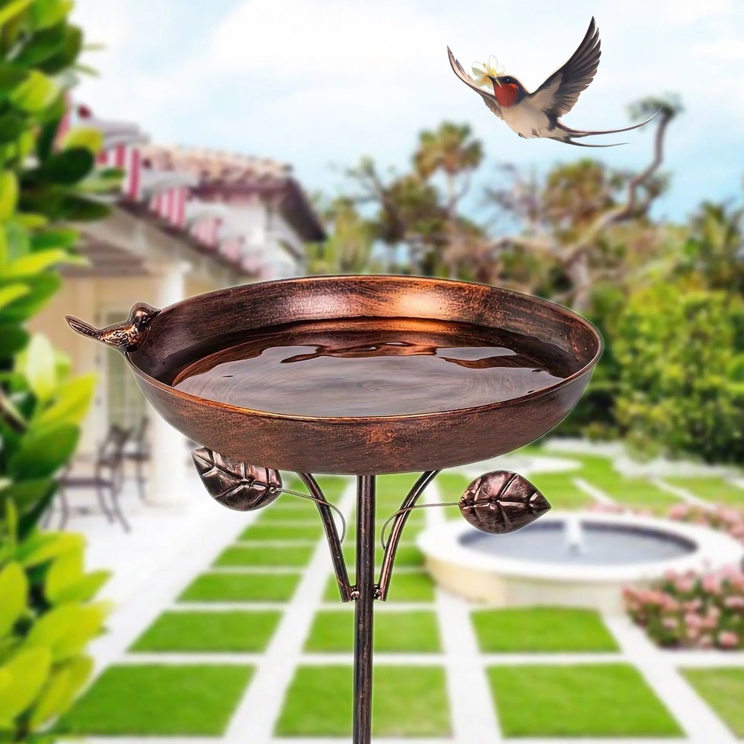 Vintage Metal Bird Feeder & Bird Bath - Freestanding Outdoor Garden Decor | Copper Iron Yard Accent TED