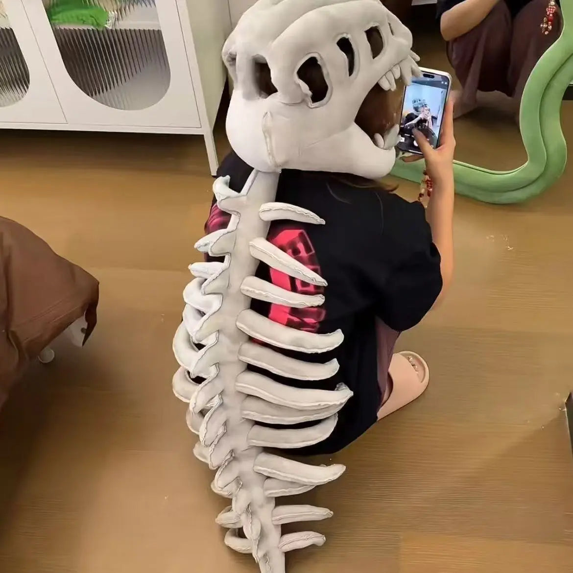 Dinosaur Skeleton Plush Headgear Hat - Funny Dino Costume Hood | Soft Cosplay Party Hat for Teens & Adults TED