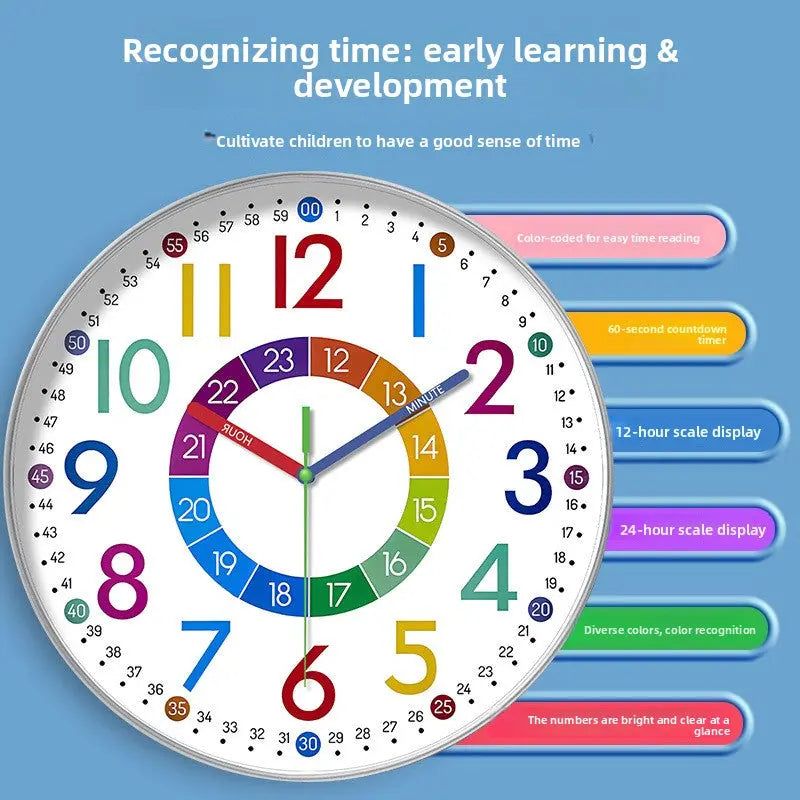 Rainbow Silent Wall Clock ? Modern Quartz Educational Clock for Kids & Home | Colorful No-Tick Decorative Clock TED