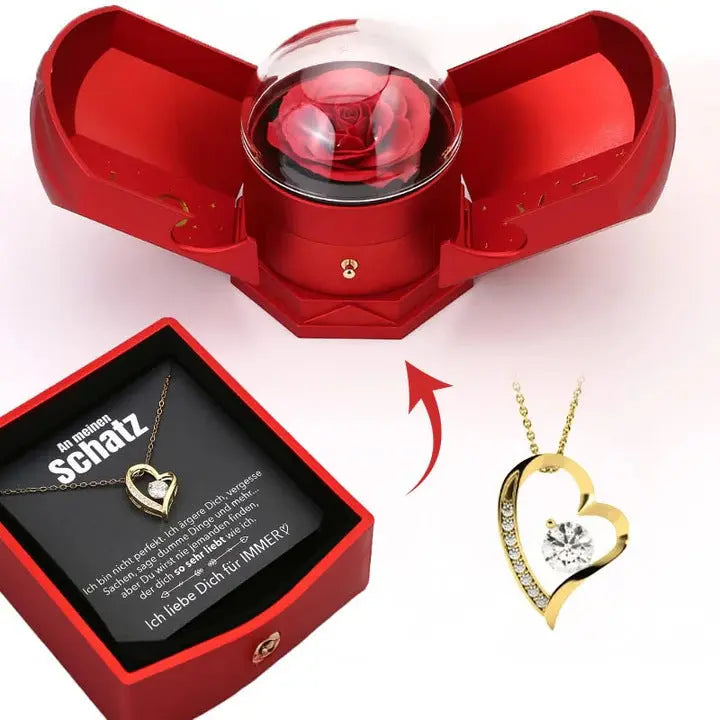 Heart Rose Necklace Gift Set Double-Open Jewelry Box with Greeting Card | Romantic Love Pendant Gift TED