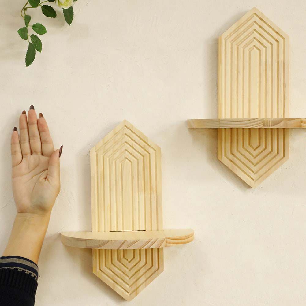 Bohemian Wooden Wall Plant Shelf - Diamond-Shaped Hanging Flower Pot Rack | Rustic Boho Home Decor TED