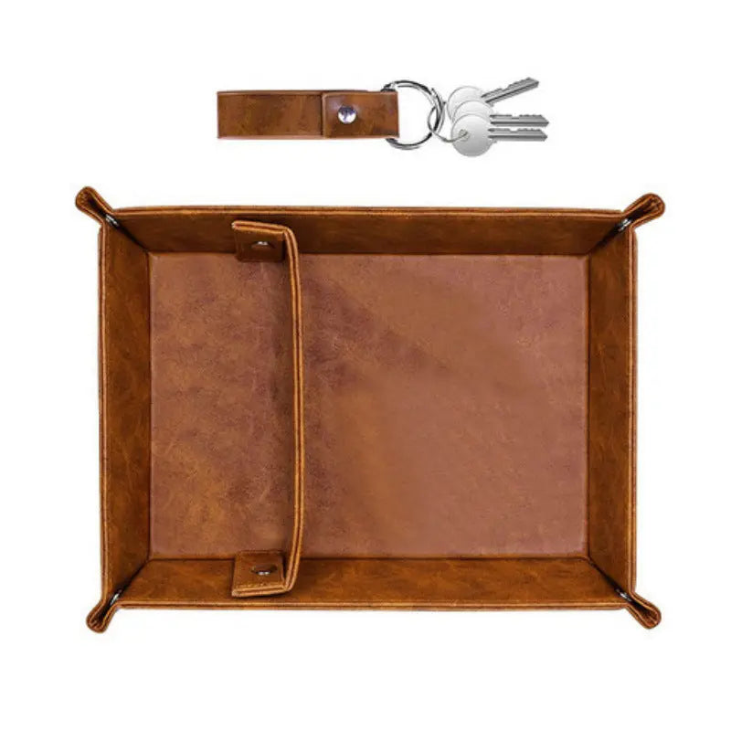 PU Leather Valet Tray & Keychain Set – Vintage Catchall Organizer for Desk, Nightstand & Entryway | Father’s Day Gift CJ